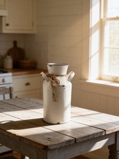 Rustic White Distressed Metal Milk Can Vase Farmhouse Decor w/ Twine 11.5” Tall picture