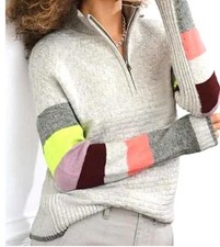CABI Downhill Sweater Sz S  Gray Multicolor Stripe 1/4 Zip Cotton Lagenlook NWOT picture