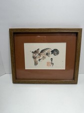 Japanese-style Sumi-e ink wash Painting of cat with red seal 1990 Signed Shirley picture
