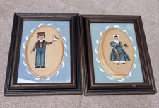 Vintage Pair R Ross Folk Art Amish Paintings Framed Boy Girl Primitive Americana picture