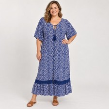 Artesia Boho Dress Women's XXL 100% Rayon Tassel Tie Blue Pink Print picture