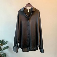 Women’s Satin Silk Button Up Shirt Vintage Long Sleeve Loose White Blouse picture