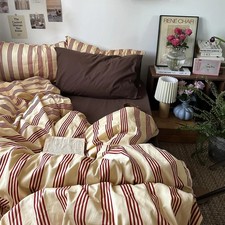 Retro Striped Duvet Cover Set Queen - 100% Natural Cotton 3-Piece Vintage Red St picture