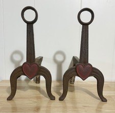 Scarce Antique 19Th Century Red Heart And Ring Iron Fireplace Andirons picture