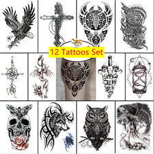 Set of 12 Sheets Waterproof Temporary Tattoo Stickers Eagle Wolf Arm & Body Art picture