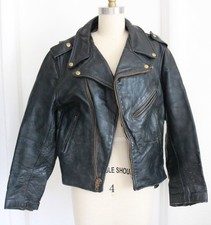 Vintage 50s 60s Womens Black Thick Leather Lace Sides Moto Motorcyle Jacket READ picture