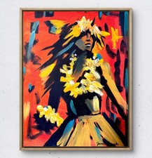 JANICEART 14x11 Original Hawaiian Hula Woman Signed Abstract Orange Wall Art picture