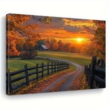 Farmhouse Autumn Sunset Country Road Barn Framed Canvas Home Wall Art Decor picture