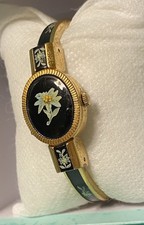 Vintage Andre Mouche Swiss Made Enamel Gold Plated Floral Bangle Watch NEW Batt picture