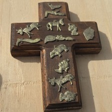 Vintage Mexican Wooden Milagro  Cross With Charms Folk Art 6