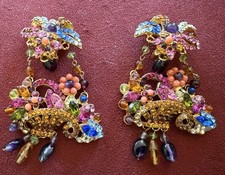 Vintage SJ Basket Flowers Clip-On Earrings Gold Tone w/MultiColor Rhinestones picture