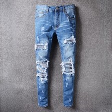 Mens Retro Ripped Slim Pleated Denim Jeans Classic Motorcycle Style Blue Stretch picture