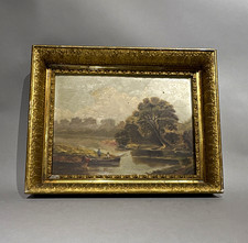 Framed Realism River Landscape Painting w/ Boat, Figures & Trees Small picture