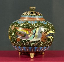 Antique Japanese Meiji Cloisonné Koro Incense Burner Rooster Goldstone 3.5” picture