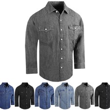 Washed Denim Cotton Shirt Mens Casual Workwear Stretch Snap Pockets BIG FITTING picture