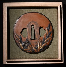 Tsuba Japanese antique copper Mumei a crane along the riverside design Edo era picture