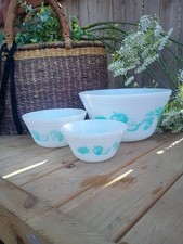 (3)Vintage Federal Glass Milk Glass “Fruit Fare”Mixing Bowl Set 9”,7”,6” picture