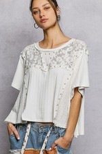 POL Clothing Women’s Pearl Studded Lace Detail Knit Top in Ivory picture