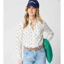 J Crew Top Womens Small  Ivory Navy Polka Dot Signature Fit Cotton Shirt BT991 picture