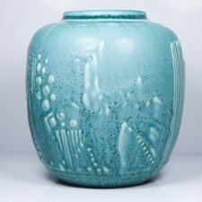 1931 Rookwood Art Deco Pottery Variegated Matte Teal Green Deer Vase 6214 picture