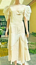 Vintage Tireli Linen Organza Pearl Dress Ecru Ivory Drop Waist Dress 7/8 picture