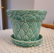 Vintage McCoy Aqua Blue/Green Quilted Diamond & Leaf Planter Pot w Saucer MCM picture