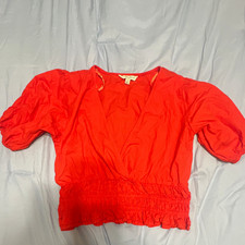 Sim & Sam Women's Orange Solid V-Neck Puff Short Sleeve Smocked Ruffle Blouse S picture