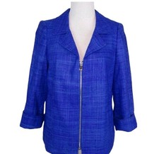 CARLISLE Royal Blue 100% Linen Silk Zip Front Tweed Jacket Women’s Size 10 picture