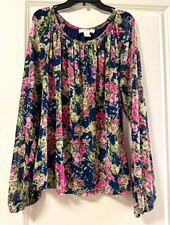 SO Women's Floral Multicolor Chiffon Pleated Long Sleeve Scoop Neck Blouse picture