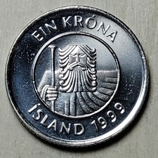 Iceland 1999 - 1 Krona Coin 21.5MM KM# 27a 🐟 FISH COIN  🐟  ISLAND UNCIRCULATED picture