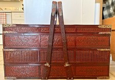 Antique VTG 3-Tier Victorian Asian Basket Woven Wicker Rattan Bamboo Food Trunk picture