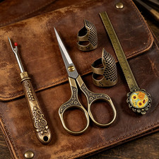 5Pcs Vintage Sewing Tool Set Embossed Scissors Thimble Seam Ripper Ruler DIY 79c picture