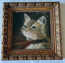 Antique Cat Portrait French School Oil Painting Signed – Ornate Gilt Frame picture