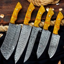CUSTOM HANDMADE RAINDROP DAMASCUS HAMMERED 5 PIECES CHEF SET W/ LEATHER BAG picture