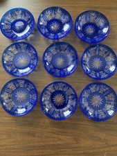 Beautiful Cobalt Blue Cut Clear Crystal Bowl Starburst Leaf Pattern 5.5in picture