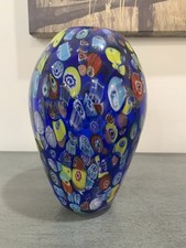Vintage Murano Millefiori Vase Italy Art Glass Blue Multi Colored Hand Blown 8