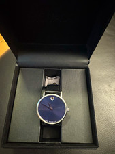 Movado Museum Swiss Made Quartz Blue Dial Black Leather Strap Watch w/ Box picture