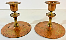 Antique Pr. Signed Roycroft Hand-Hammered Copper & Brass Candlesticks 1909-1920 picture