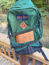 Vtg 90s JANSPORT x USA-MADE Green LEATHER-PATCH BACKPACK Outdoor Hike Gear Bag picture
