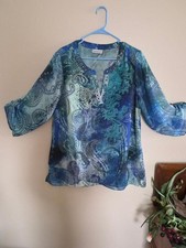 avenue women's blouse blue turquoise geometric print 3/4 sleeve beaded neckline picture
