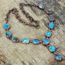 Copper Oval Tibetan Turquoise Stone Electroformed Bezel Chain Necklace Jewelry picture