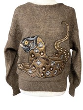 Vintage Escada Sweater Womens 36 Brown Mohair Leopard Sequin Graphic Germany 80s picture