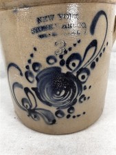 antique stoneware crock blue flower New York Stoneware Co. Fort Edward 10 x 10  picture
