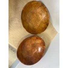 Vintage 1970s Woven Wood Bowls Set 2 Mid Century Modern Serving Salad Bowls 12