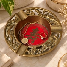 Vintage Chinese Shou Longevity Symbol Brass Ashtray Catchall Dish Red Gold Crane picture