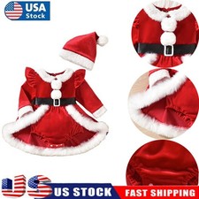 Newborn Baby Girls Santa Long Sleeve Velour Christmas Dress+Hat Party Outfits picture