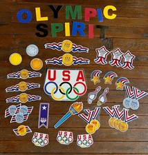 Vintage USOC Licensed Olympic Classroom Accents USA Rings Medals Torch Large Lot picture