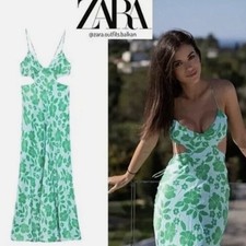 NWT Zara Satin Effect Cut Out Tropical Dress in Blue & Green Size S picture