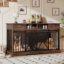 Heavy Duty Double Dog Crate Furniture 63in w/ Drawers Shelves Divider picture