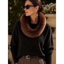 Saks Fifth Avenue 100% Cashmere Real Fox Fur Trim Sweater Poncho Black M picture